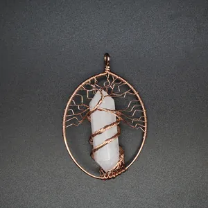 Detailed view of handmade copper wire-wrapped tree of life hexagonal crystal pendant