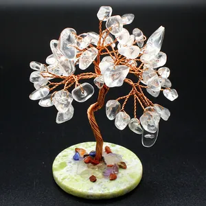 Elegant mini crystal chakra tree featuring wire wrapped trunk and green calcite base