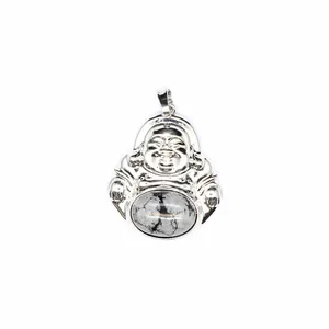 Close-up detail of silver Maitreya Buddha pendant featuring a natural stone inlay setting