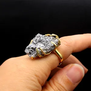 Natural Agate Druzy Crystal Ring Pendant Irregular Raw Stone Gold Plated DIY Accessories Electroplated Jewelry For Women