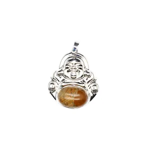 Detailed view of silver Laughing Buddha pendant with natural tiger eye stone inlay.