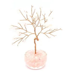 Handmade rose quartz crystal money tree with copper wire for healing and office decor