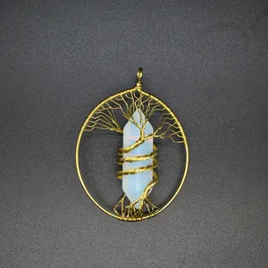 Detailed view of a handmade gold wire Tree of Life pendant with hexagonal white crystal