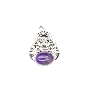 Silver Maitreya Buddha pendant with oval purple amethyst stone detail