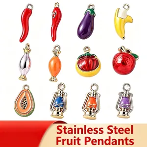 3D Stainless Steel Food Fruit Pendants Gold Plated Enamel Chili Apple Candy Charms For DIY Necklace Earring Jewelry Making