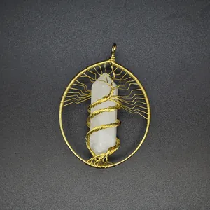 Detailed wire wrapped Tree of Life design on white crystal hexagonal prism pendant.