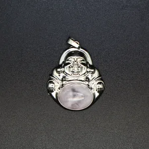 Polished silver laughing Buddha pendant with rose quartz inlay for necklace jewelry