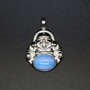 Silver-plated Maitreya Buddha pendant with oval blue opalite stone for meditation