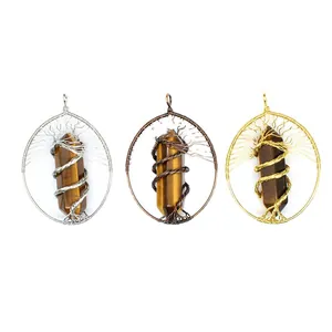 Tree of Life pendants with hexagonal Tiger Eye crystal pillars in three metal finishes