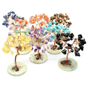 Set of mini chakra crystal trees with wire-wrapped copper branches and stone bases