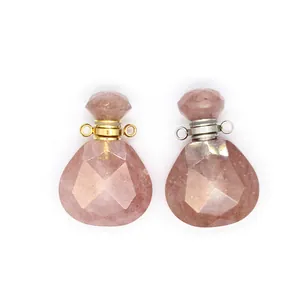 Faceted natural strawberry quartz teardrop perfume bottle pendants in gold and silver tones.