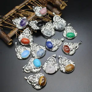 Detailed view of various natural stone Laughing Buddha pendants with silver finish