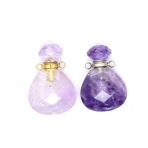 Close-up of faceted natural amethyst water drop perfume bottle pendants for essential oil