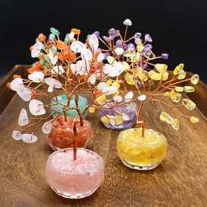 Group of miniature crystal chip trees of life in glass bowls for home and office decor