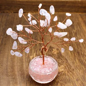 Macro view of a handcrafted rose quartz gemstone tree with copper wire branches