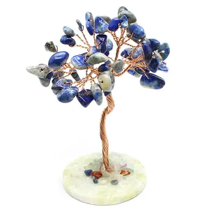 Handmade lapis lazuli crystal tree on calcite base for chakra healing and home decor