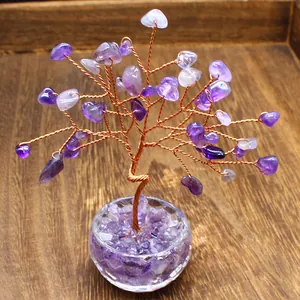 Detailed view of natural amethyst crystal money tree with copper wire for office decor