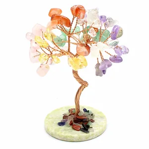 Detailed view of 7 chakra crystal tree with wire branches and natural stone base