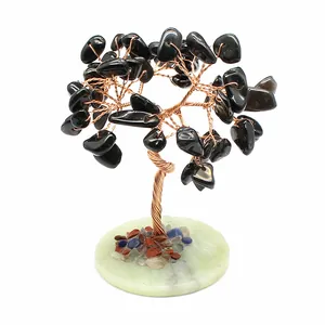 Handmade black obsidian wire wrapped chakra tree on calcite base for home decor