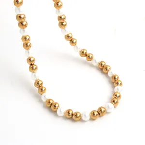Minimalist Stainless Steel Beaded Necklace For Women Gold Silver Plated Round Artificial Pearl Bead Choker Adjustable Chain Jewelry Gift