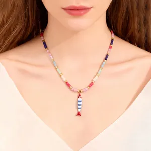 Stylish stainless steel necklace with colorful rice beads and a striped fish pendant