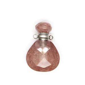 Faceted teardrop natural strawberry quartz essential oil diffuser pendant close-up
