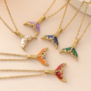 Colorful gold-plated stainless steel mermaid tail enamel pendant necklaces for beach vacations