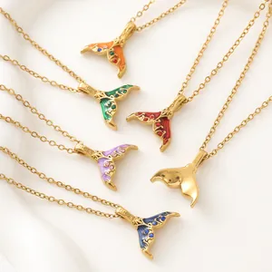 Gold plated stainless steel mermaid tail necklaces with colorful enamel and sparkling stones