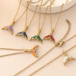 Gold-plated stainless steel mermaid tail necklaces with colorful enamel pendants