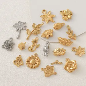 Assorted gold and silver stainless steel flower and leaf charms for DIY jewelry making.