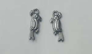 Detailed view of two silver stainless steel parrot pendants for DIY jewelry making.