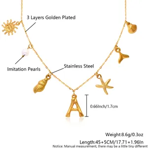 Detail of gold plated stainless steel ocean theme necklace with starfish and letter A