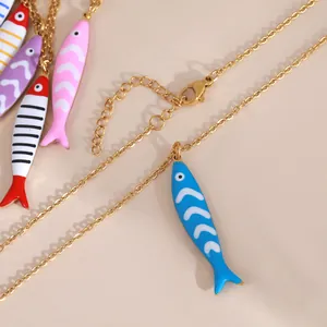 Colorful enamel fish pendant necklace in gold-plated stainless steel for women