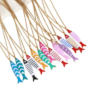 Colorful enamel striped fish pendant necklaces made of gold-plated stainless steel chain