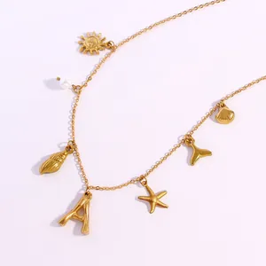 Summer Ocean Theme Stainless Steel Pendant Necklace For Women 18K Gold Plated Shell Starfish Artificial Pearl Initial Letter Charm