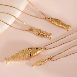Collane con pendente a forma di pesce e lisca in acciaio inossidabile placcato oro donna