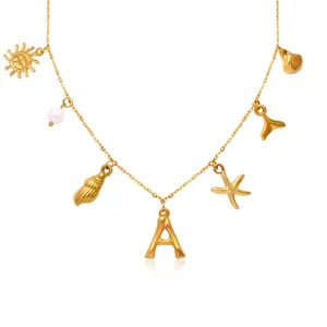 18K gold plated ocean necklace with starfish shell pearl and letter A pendant