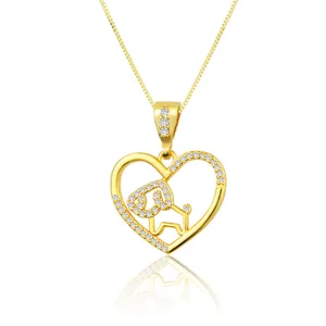 Exquisite gold-plated heart pendant necklace with zircon-inlaid zodiac dog motif detail