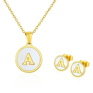 Edelstahl Muschel Buchstabe Halskette Ohrringe Set Für Damen Rund Initial Anhänger Schmuck Gold Vergoldet Mode Accessoire Geschenk