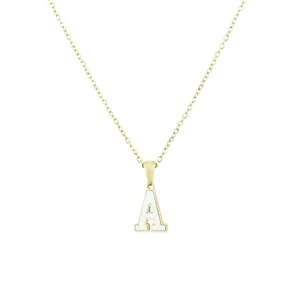 Gold necklace with white shell initial A pendant, minimalist elegant jewelry for women