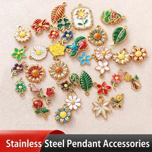 Colorful stainless steel enamel flower charms featuring daisies, roses and leaves designs