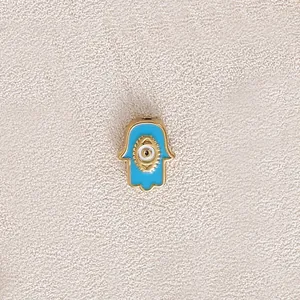 Gold plated Hamsa hand charm with blue enamel evil eye for DIY necklace bracelet making