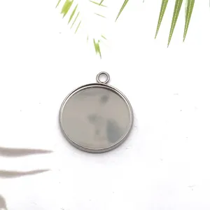 Macro close-up view of a stainless steel round pendant base bezel for DIY jewelry making