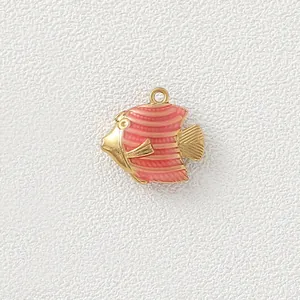 Close-up view of a gold-plated stainless steel fish pendant with pink striped enamel details.