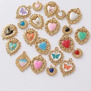 Ciondoli in Acciaio Inossidabile Placcato Oro Cuore Corona Farfalla Smalto Per DIY Collana Braccialetto Produzione di Gioielli Accessori