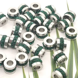 Perle d'Espacement en Acier Inoxydable Petite Taille Avec Strass Verts Perles de Tube à Trou Traversant Bijoux DIY
