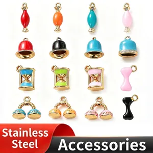 Gold Plated Stainless Steel Enamel Charms Rhinestone Bell Hourglass Candy Bone Pendants For DIY Necklace Bracelet Making