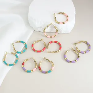 Boucles d'Oreilles Créoles en Acier Inoxydable Joint de Bambou Plaqué Or 18K Émail Couleur Dopamine Rondes Pour Femmes