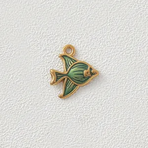 Green enamel fish charm in gold-plated stainless steel for DIY jewelry making and crafts