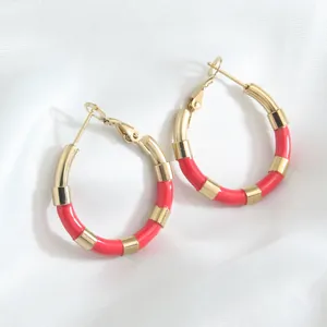 Créoles bambou en acier inoxydable doré 18 carats et émail rouge vif pour femmes